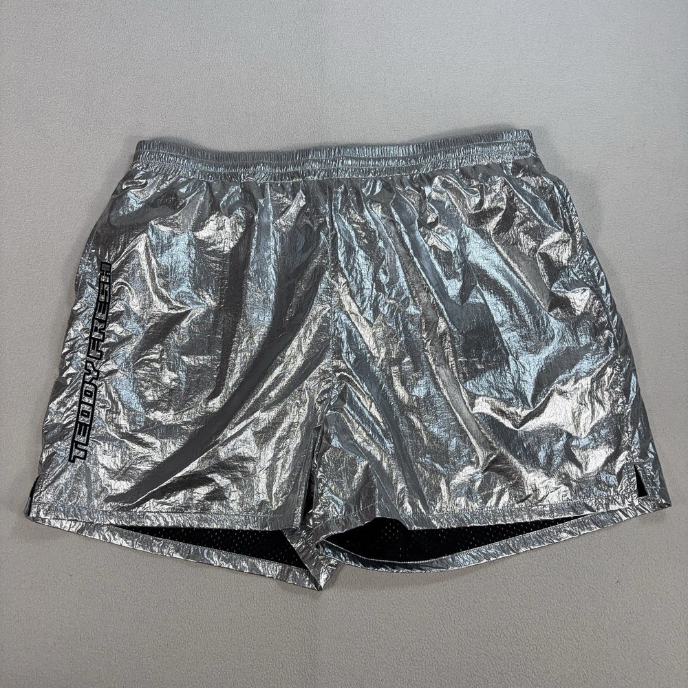 Teddy Fresh 4" Metallic Track Shorts Mens XL Silver Shiny Mesh Lined Drawstring